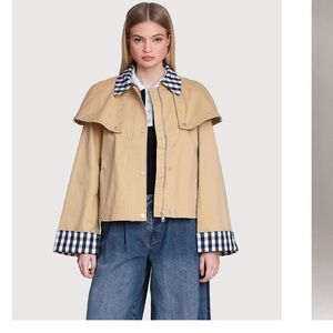 Avec Les Filles Beige Hooded Short Trench with Checked Cuff